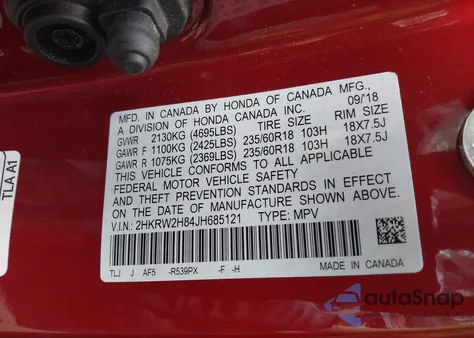 2018 Honda Cr-V Ex-L/Ex-L Navi из США, поврежденный, VIN 2HKRW2H84JH685121